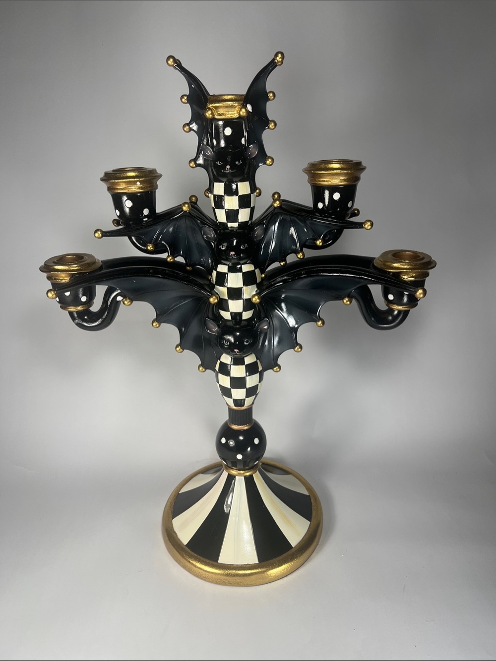 MacKenzie-Childs Black, Cream & Gold Bat Candelabra